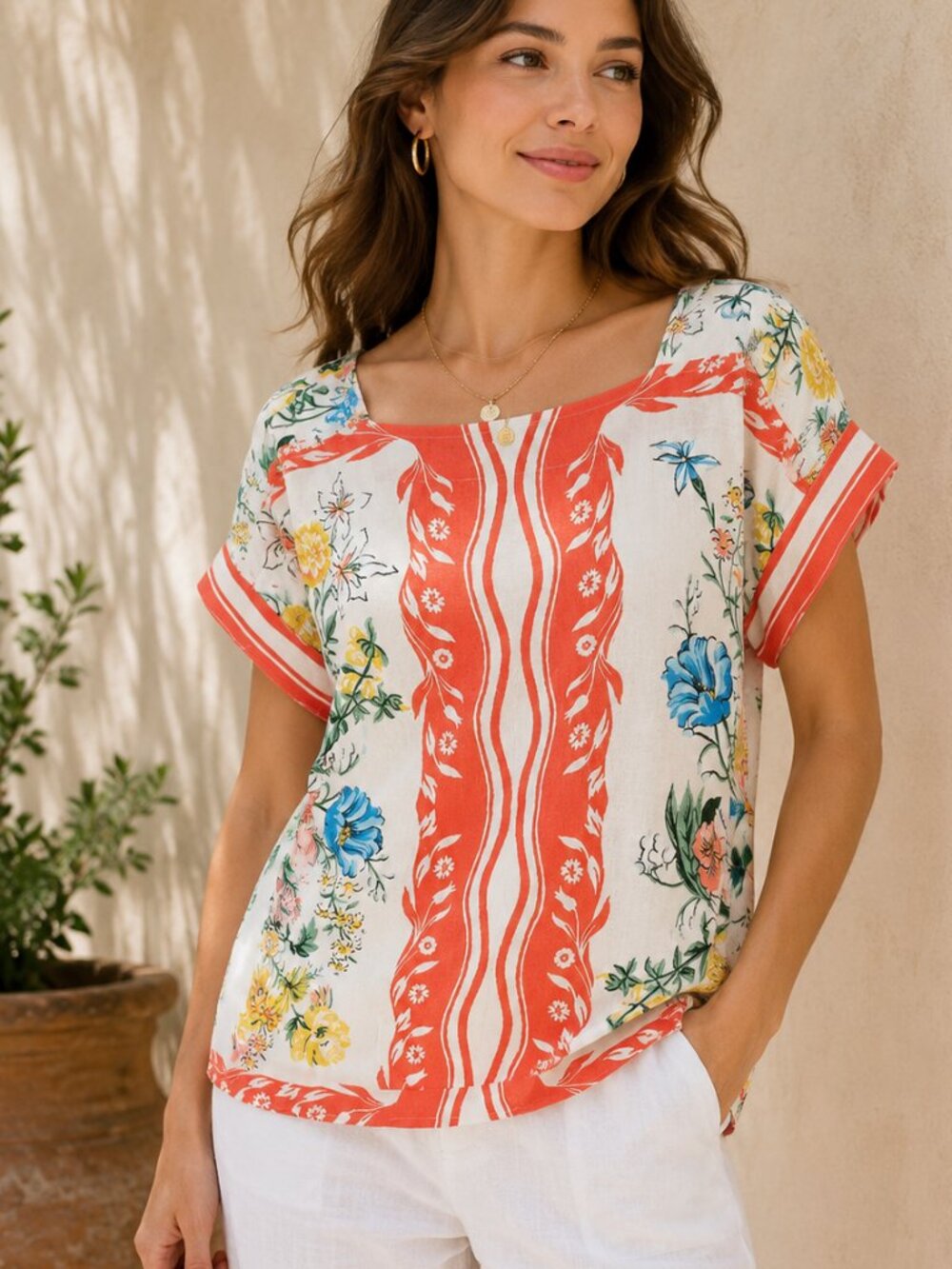 Anthropologie Maeve Romina Scarf Print Floral Top Orange Blue XS